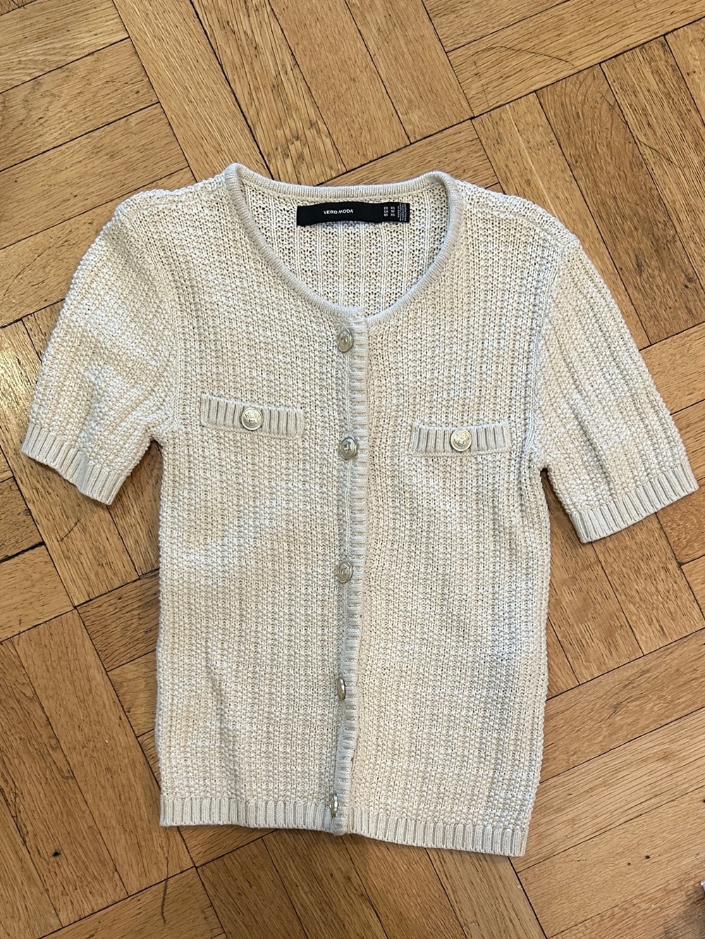Cream Short-Sleeve Knit Cardigan